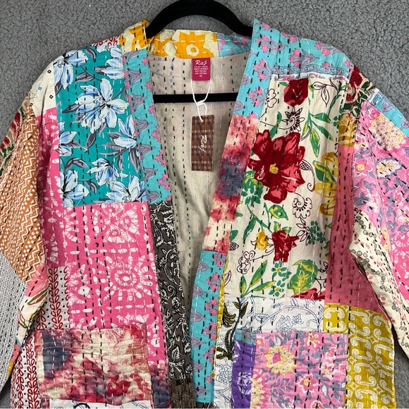 Raj Jacket Womens Medium Patchwork Quilted Kantha Kimono Open Front Duster NWT - Picture 4 of 8